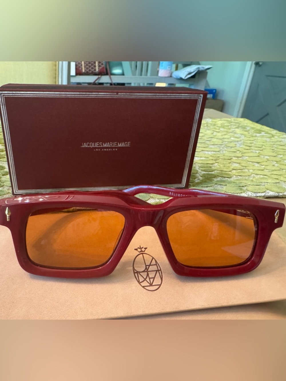 Jacques Marie Mage Red Rectangular Sunglasses with Amber Lenses